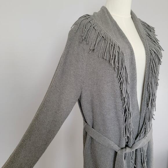 J Jill Fringe Open Cardigan Gray Tie Waist Sz L Western Neutral Cowgirl Office - Picture 2 of 8